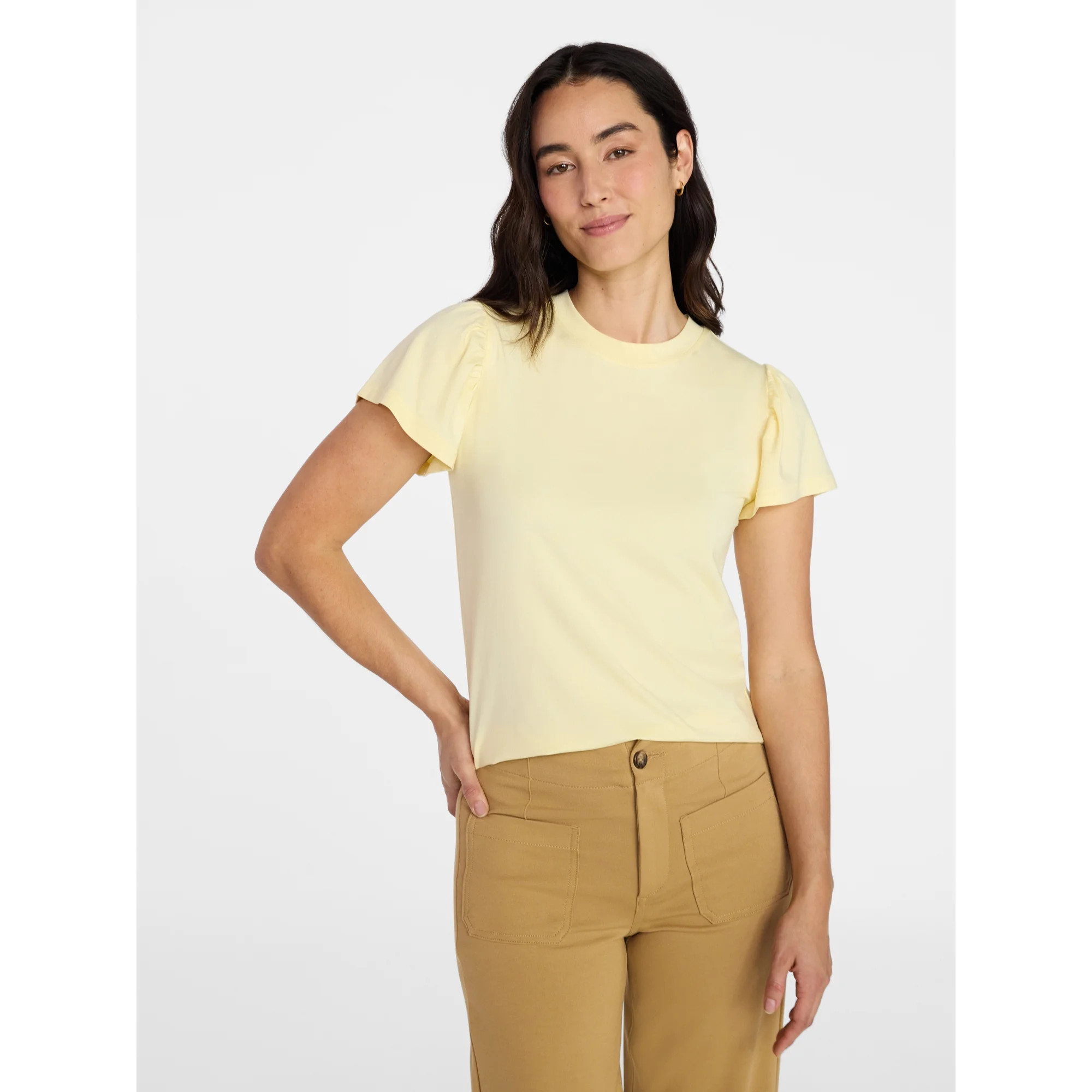 Time and Tru Women's Crewneck Top with Short Flutter Sleeves, Sizes XS-XXXL | Walmart (US)