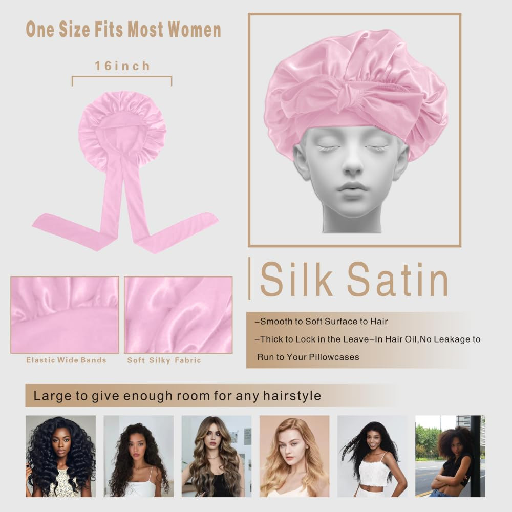 Silk Bonnet for Sleeping Women, Ajustable Hair Bonnet for Curly Hair with Tie Band Shower Caps Pi... | Amazon (US)