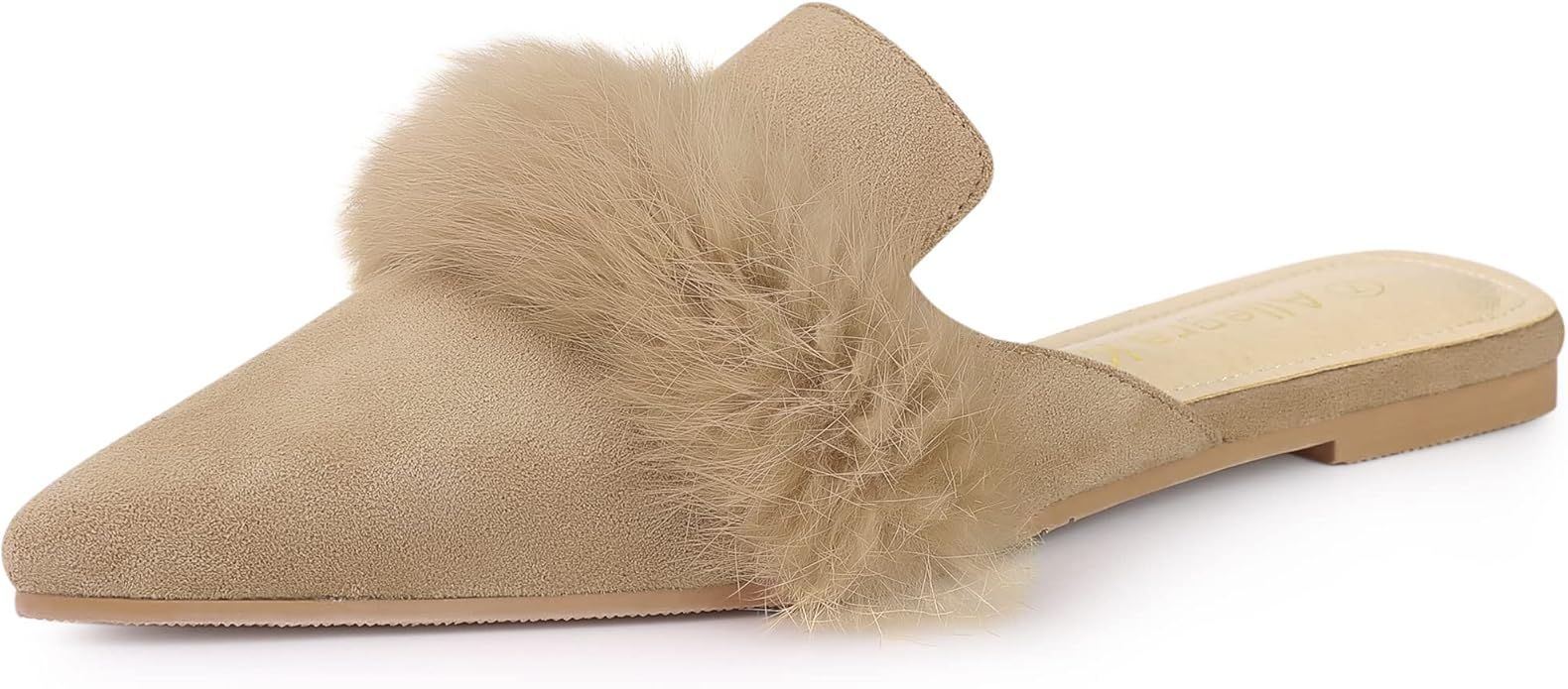 Allegra K Women's Pointed Toe Faux Fur Slip on Flat Slide Mules | Amazon (US)