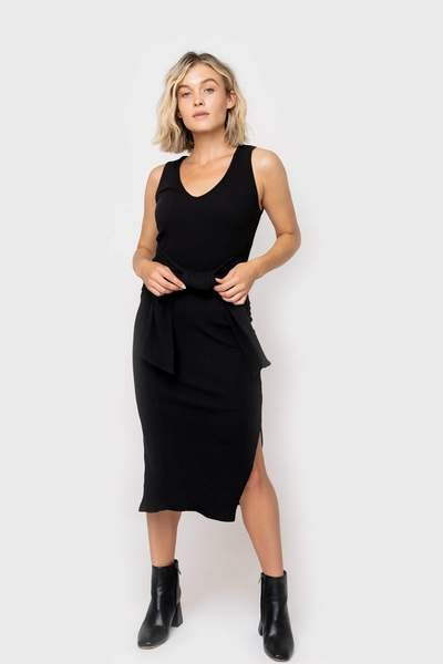Sleeveless V-Neck Tie Waist Dress with Side Slits | Gibson