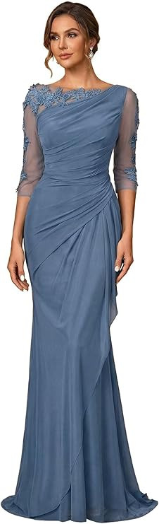 Mermaid Lace Mother of the Bride Dresses for Women 3/4 Sleeve Ruffle Chiffon Long Formal Evening ... | Amazon (US)