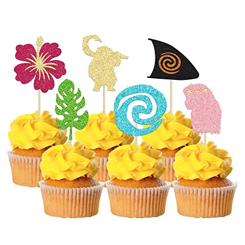 Gyufise 24Pcs Moa Inspired Cupcake Toppers Glitter Palm Leaf Flower Moana Cupcake Pick Decorations for Tropical Hawaiian Luau Theme Baby Shower Birthday Party Supplies | Amazon (US)