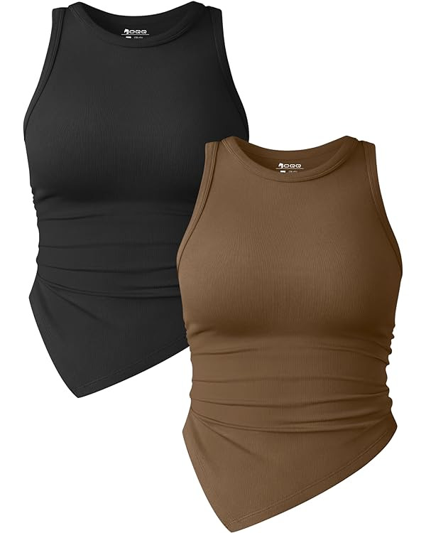 OQQ Women's 2 Piece Tank Tops Ruched Crew Neck Sleeveless Basic Stretch Tee Shirts | Amazon (US)