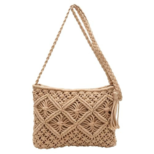 WXQCJL Boho Handwoven Crossbody Bag for Women - Crochet Straw Clutch Purse Beach Bag with Tassel ... | Amazon (US)