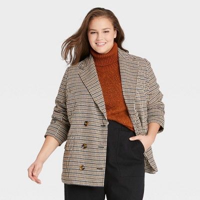 Women&#39;s Plus Size Pea Coat - Who What Wear&#8482; Brown Plaid 2X | Target