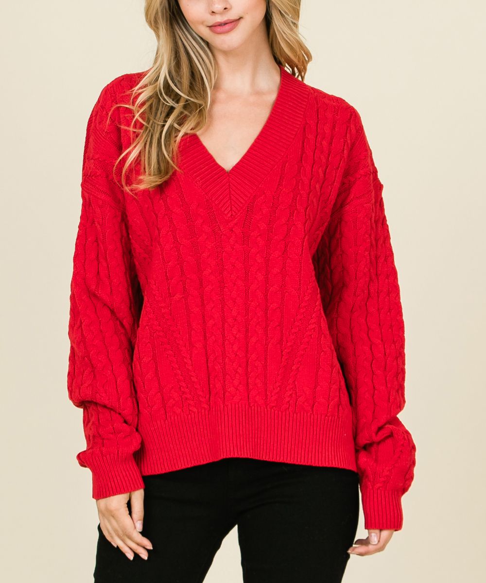 Red Cable-Knit V-Neck Sweater - Women | zulily
