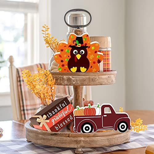 Thanksgiving Wooden Decor - 5 PCS Faux Decorative Book Stack & Turkey Truck Table Signs, Fall Tie... | Amazon (US)