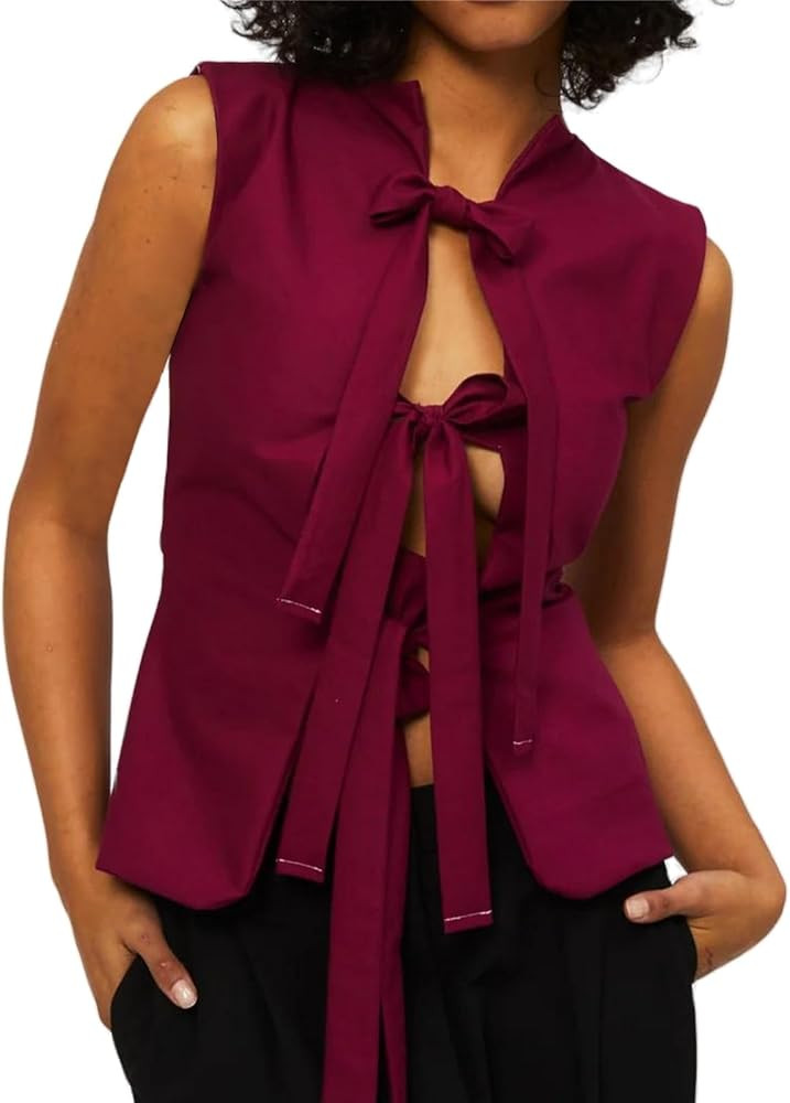 Women Sleeveless Tie Front Tank Top Solid Slim Fit Causal Lace Up Vest Top Summer Y2k Bow Tie Goi... | Amazon (US)