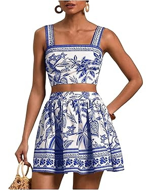 Floerns Women's Two Piece Outfit Tropical Crop Cami Top and Summer Skirts Set | Amazon (US)
