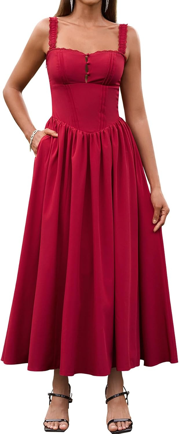 KUTUMAI Women Summer Corset Midi Floral Wedding Guest Dresses with Pockets | Amazon (US)