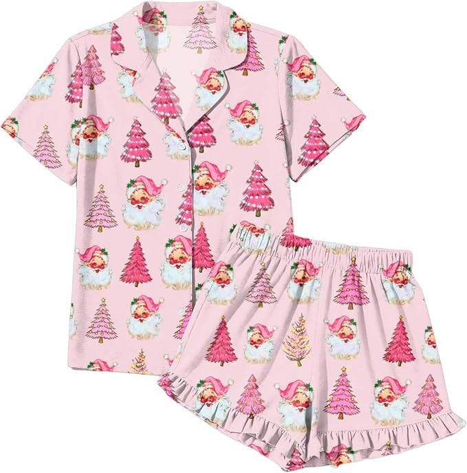 Christmas Pajamas Sets Women Xmas Button Down Pjs Set Silk Holiday Vneck Sleepwear Santa Short Sl... | Amazon (US)