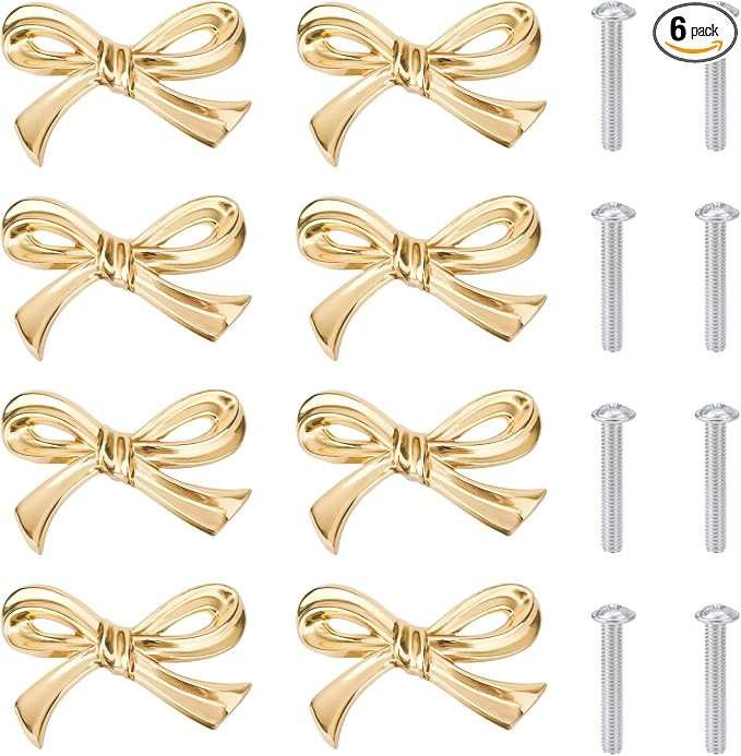 6pcs Bow Shape Cabinets Knobs, Brass Bow Furniture Door Pulls Vintage Gold Drawer Knobs Decorativ... | Amazon (US)