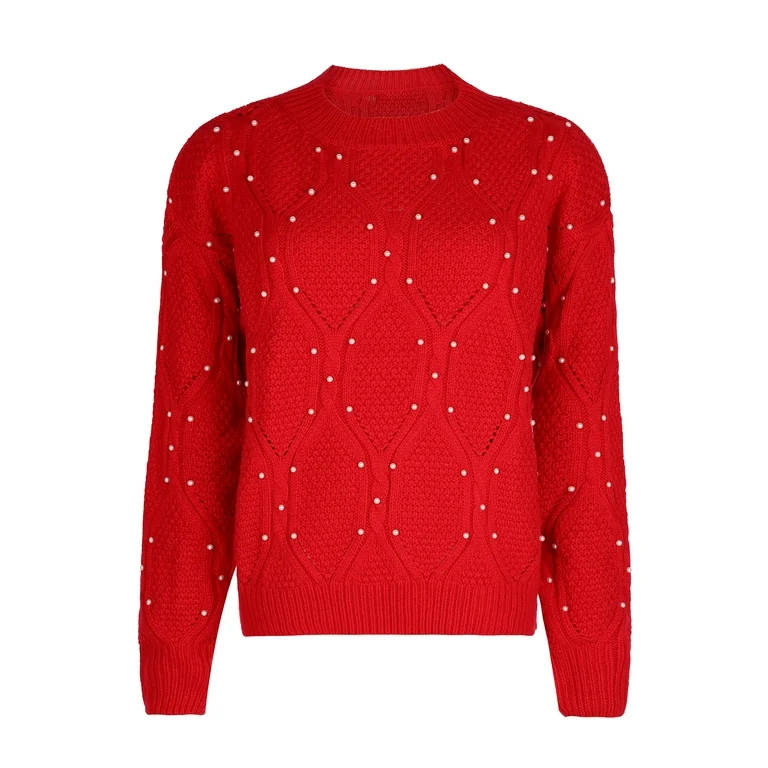 Allegra K Women's Round Neck Long Sleeve Pullover Knit Sweater with Pearls | Walmart (US)