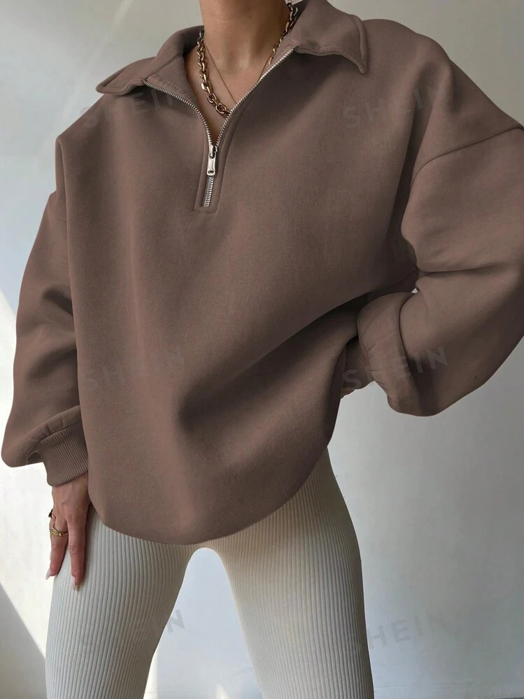 SHEIN EZwear Women Plain Front Zipper Long Sleeve Simple Hoodie, Casual Daily Wear | SHEIN