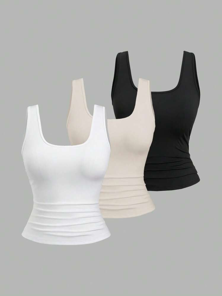 Sweetra Plus Size Women's Summer Short Square Neck Pleated Casual Tank Top | SHEIN