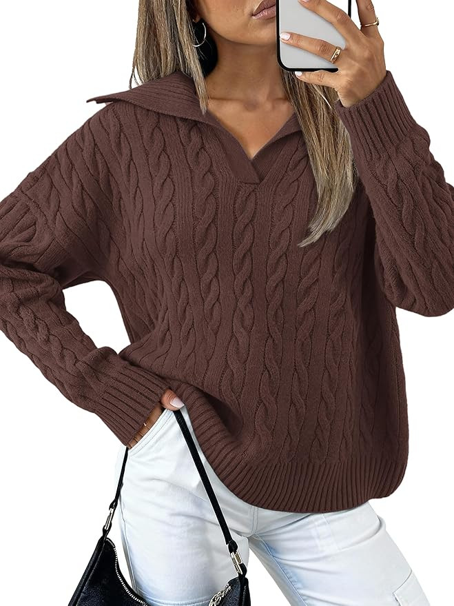 PRETTYGARDEN Fall Cable Knit Oversized Sweaters for Women 2025 Polo V Neck Long Sleeve Casual Chu... | Amazon (US)