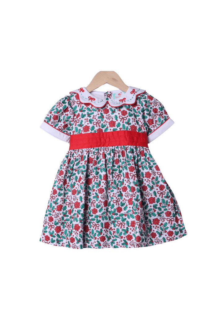 Embroidered Floral Holly Bow Dress | The Smocked Flamingo