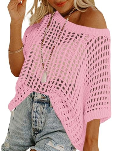 Zeagoo Women's Short Sleeve Sweater Summer Crochet Hollow Out Crewneck Pullover Tops Casual Cover Up Top Light Pink | Amazon (US)