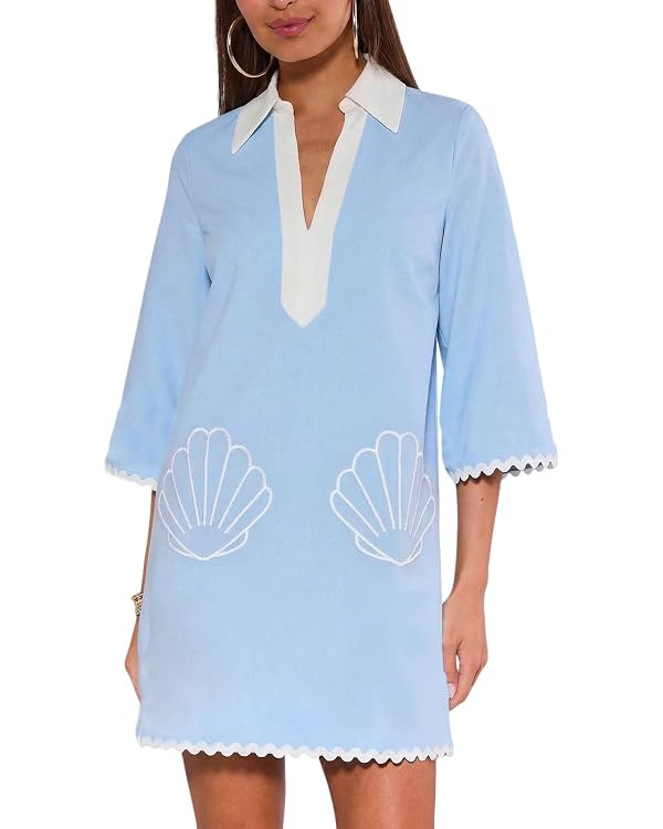 Summer Dresses for Women Shell Embroidered Loose Mini Dress, Boho V-Neck 3/4 Sleeve Contrast Wave... | Amazon (US)