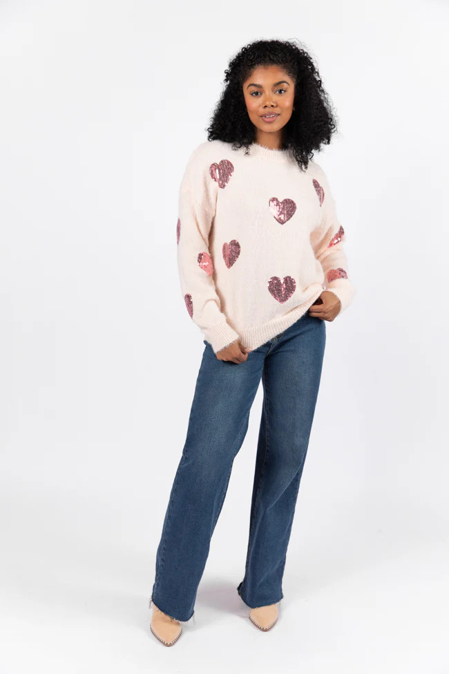 True Romance Blush Sequin Heart Sweater | Pink Lily