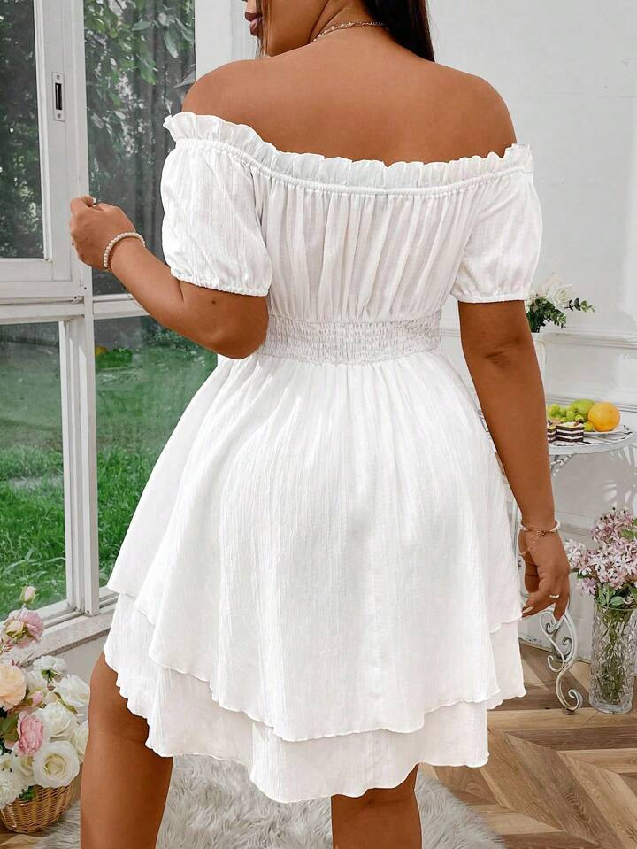 SHEIN SunnyBelle Plus Size Summer Off-Shoulder Ruffle Trim Gathered Waist Puff Sleeve Tiered Hem ... | SHEIN