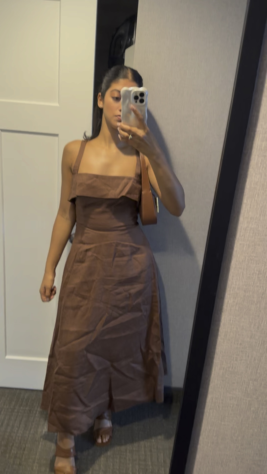 Will steam next time I promise; LOVEEE the fit of this #browndress #brown #monochromatic