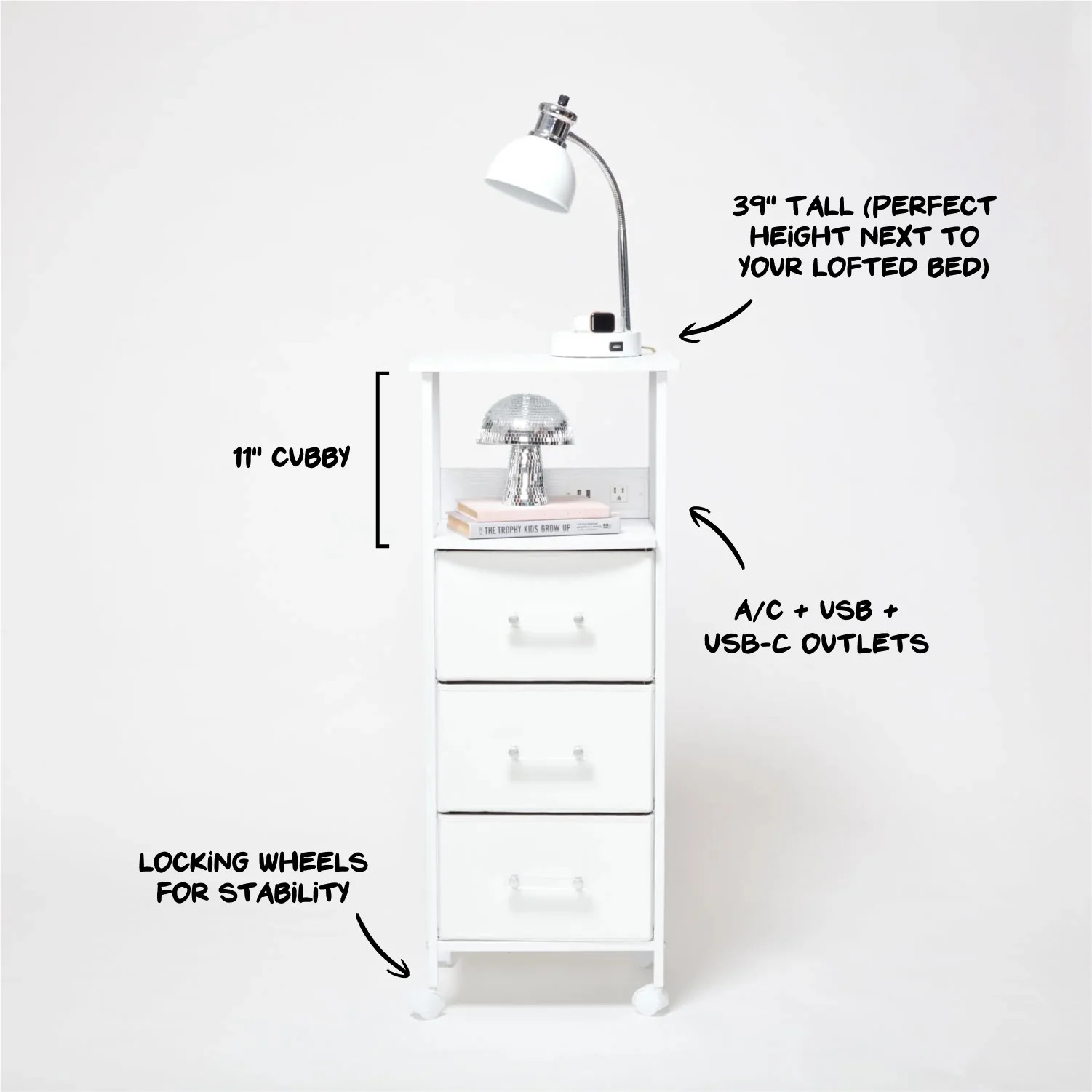 Sutton Charging 3-Drawer Cart on Wheels | Dorm Essentials - Clear - Dormify | Dormify