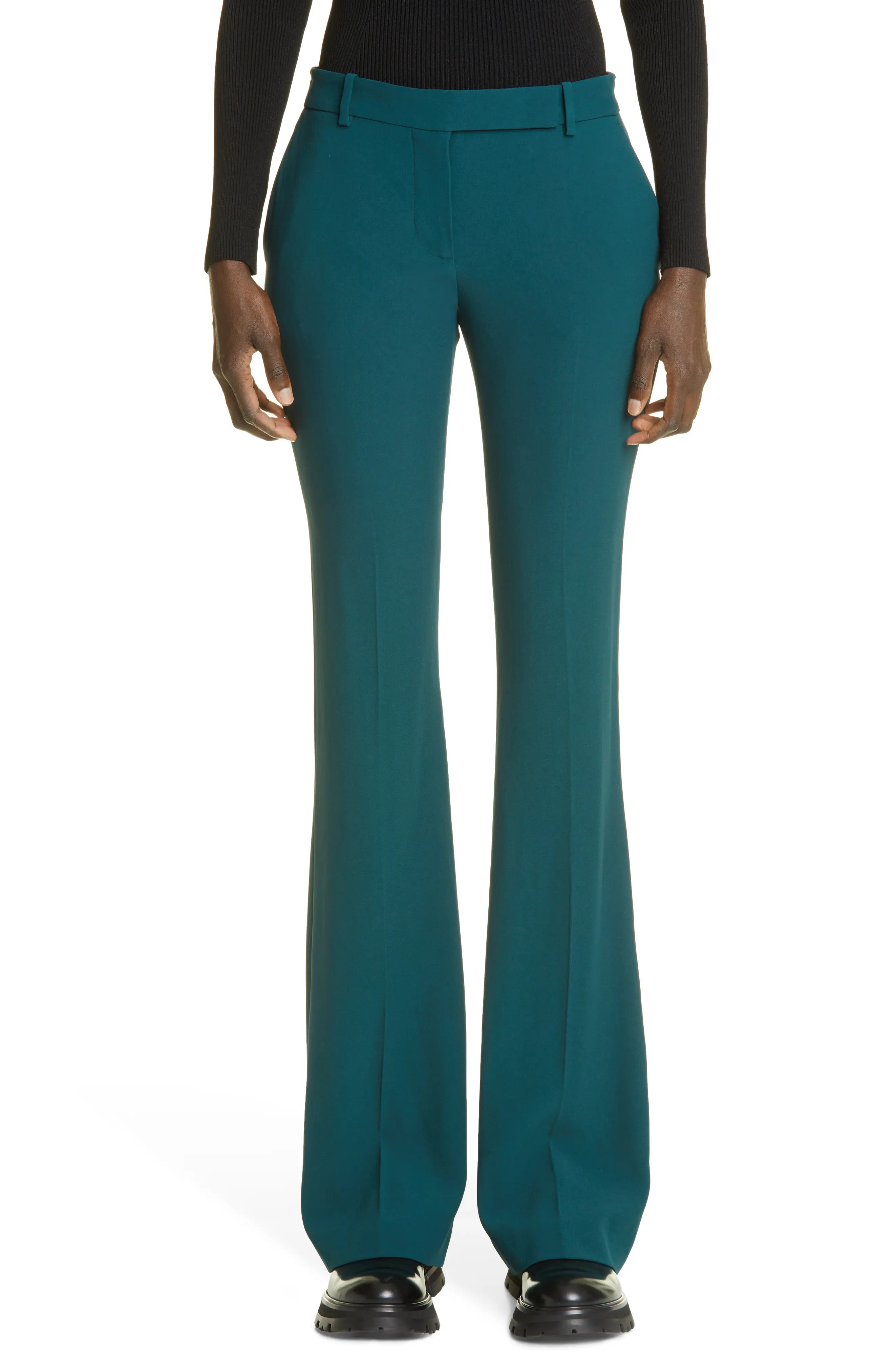 Alexander McQueen Leaf Crepe Slim Bootcut Pants, Size 8 Us in Forest Green at Nordstrom | Nordstrom