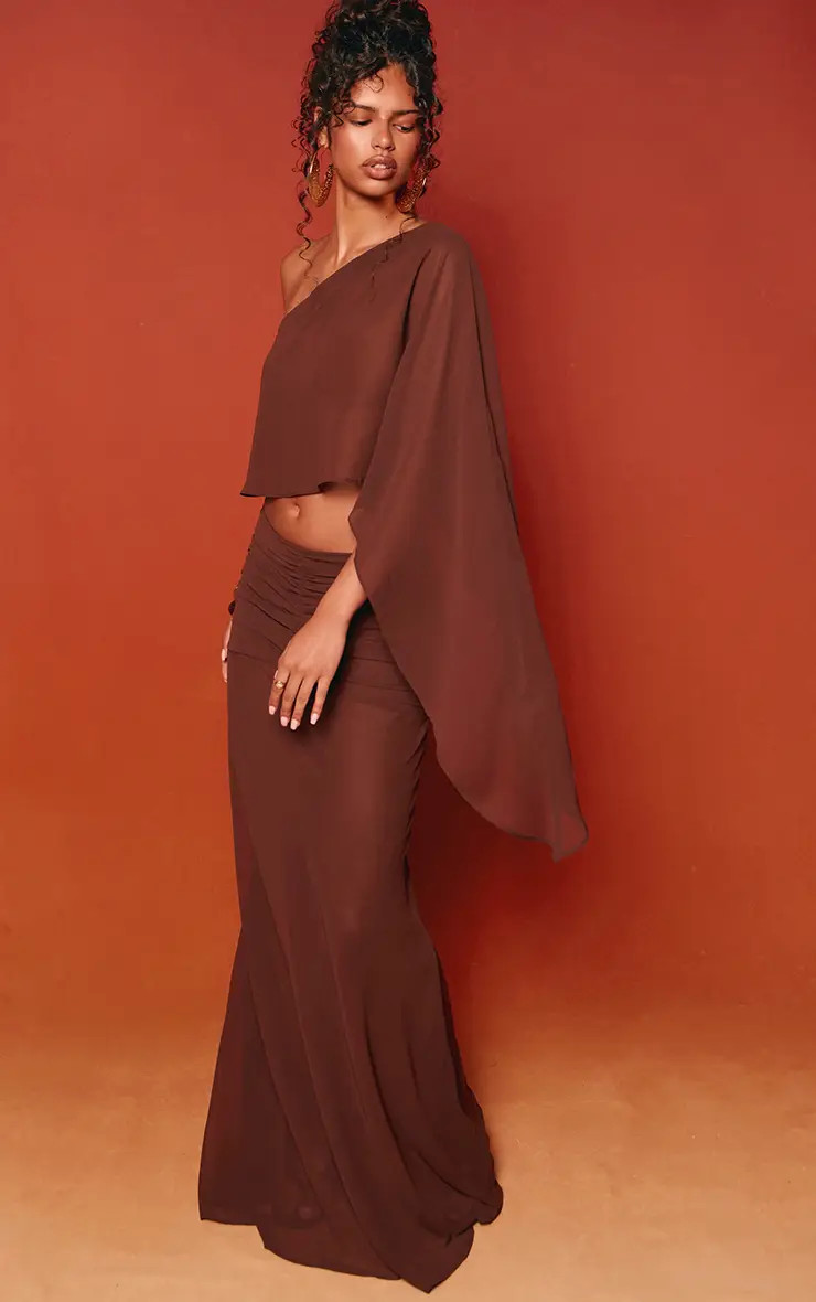 Dark Chocolate Chiffon Cape Top Co-ord | PrettyLittleThing UK