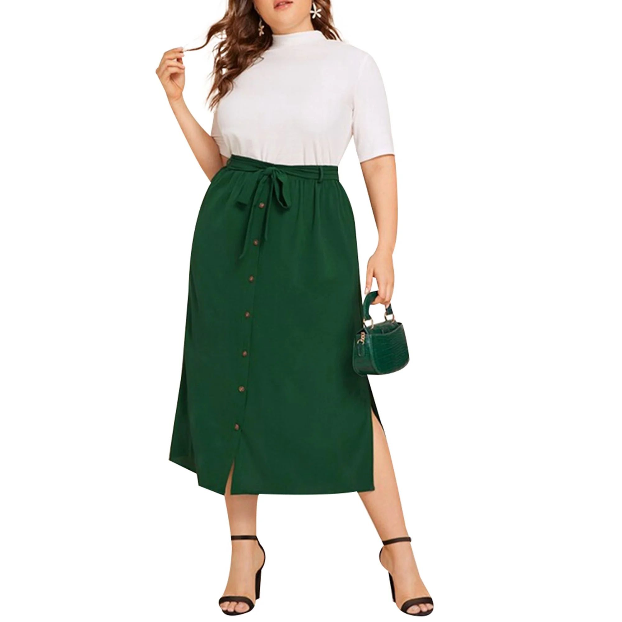Gvmfive Women's Plus Size Belted Button Slit Midi Skirt | Walmart (US)