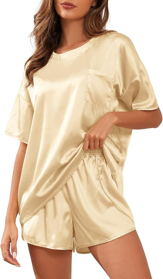 PrinStory Womens Satin Silky Pajama Set Short Sleeve Shirt with Shorts Pajama Pant Set Soft Pjs L... | Amazon (US)