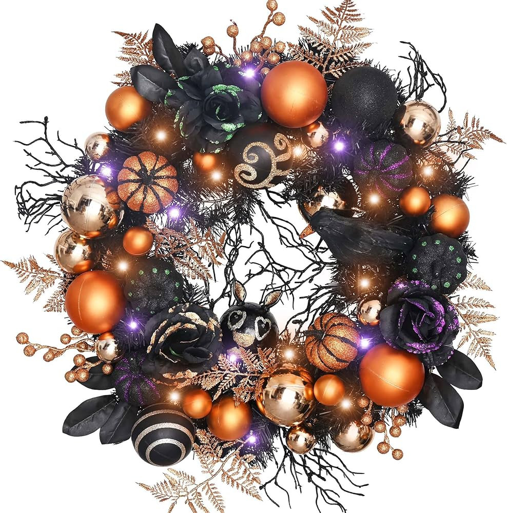 Valery Madelyn 26 Inch Halloween Wreath with Lights for Front Door, Collapsible Pre-Lit Wreath wi... | Amazon (US)