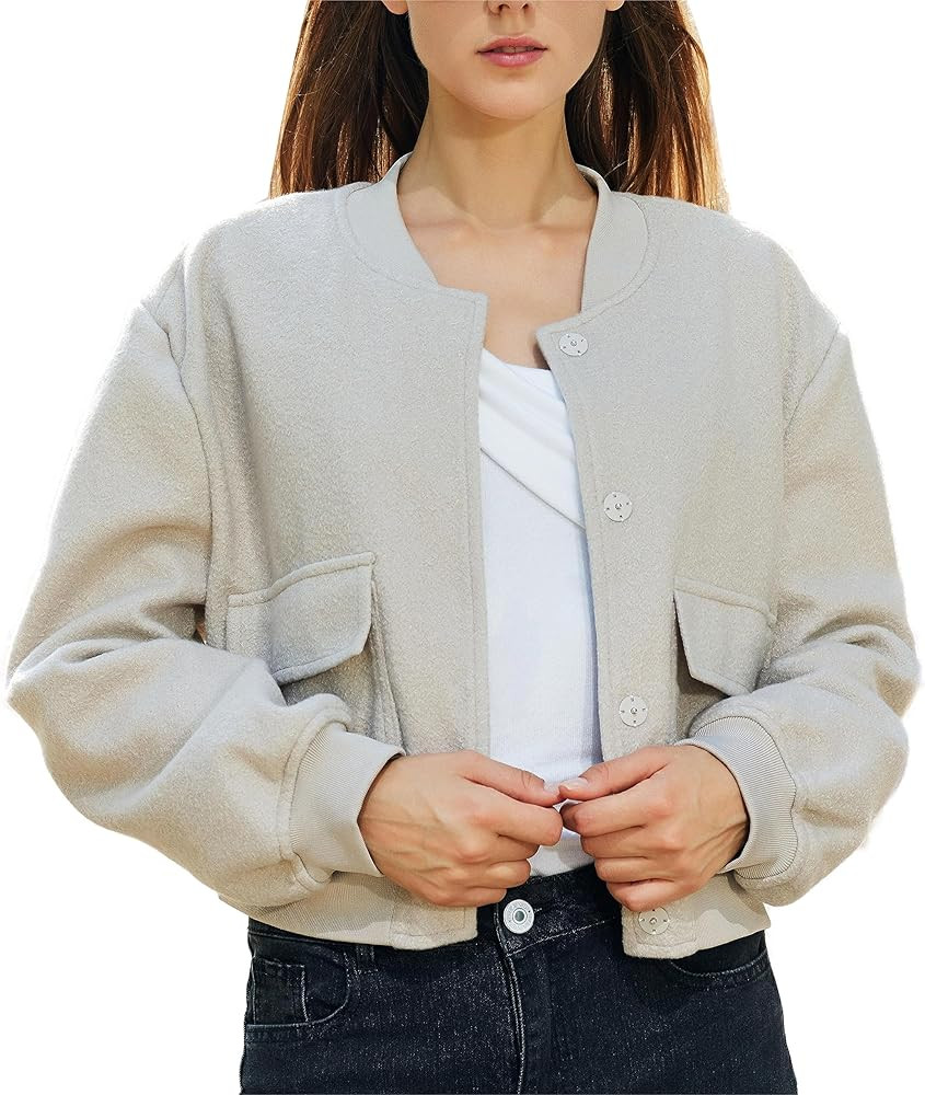 Women's Fashion Bomber Jacket Wool Blend Jacket Casual Button Varsity Jacket | Amazon (US)