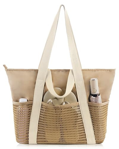 TUSIDER Beach Bag-Travel Tote Bags for Women with Zipper Waterproof Sandproof Beachs totes for Family Vacation Essential(Khaki) | Amazon (US)