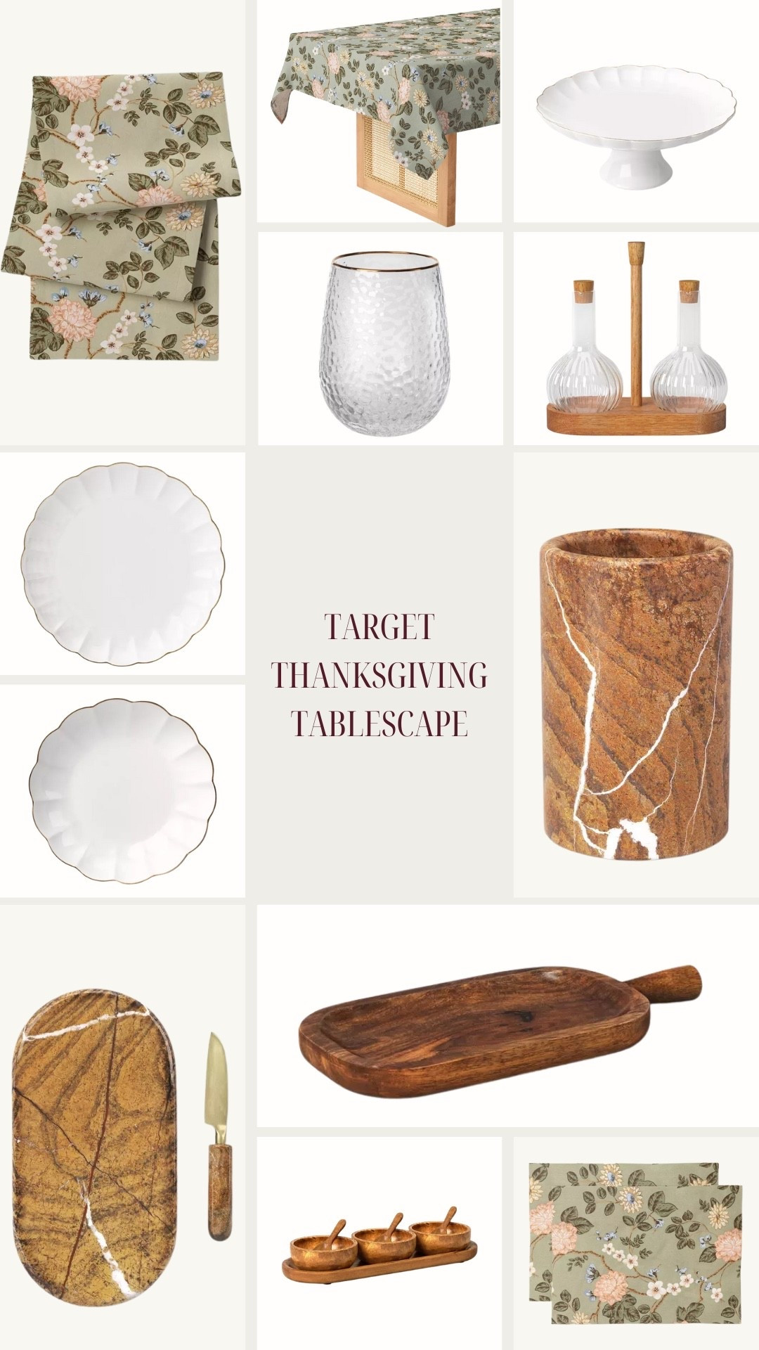 If you’re hosting this year, here’s your sign to make the table as good as the food! All of these Target finds are giving warm, cozy, floral fall magic — from the scalloped plates and hammered glasses to the floral table linens and natural wood serveware. Perfect pieces to mix textures, add warmth, and make your Thanksgiving table feel effortlessly put together. 
#Thanksgiving
#Tablescape
#TargetDecor
#Falldecor
#Hosting

#LTKSeasonal #LTKHoliday #LTKHome
