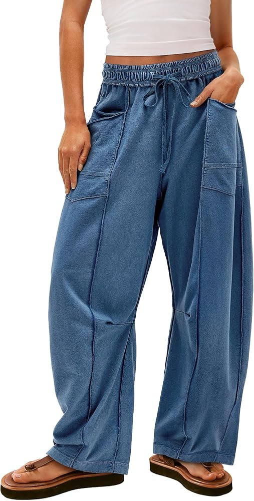 Yanekop Womens Baggy Wide Leg Pants Casual Summer Palazzo Pants Drawstring Waist Lounge Pants wit... | Amazon (US)
