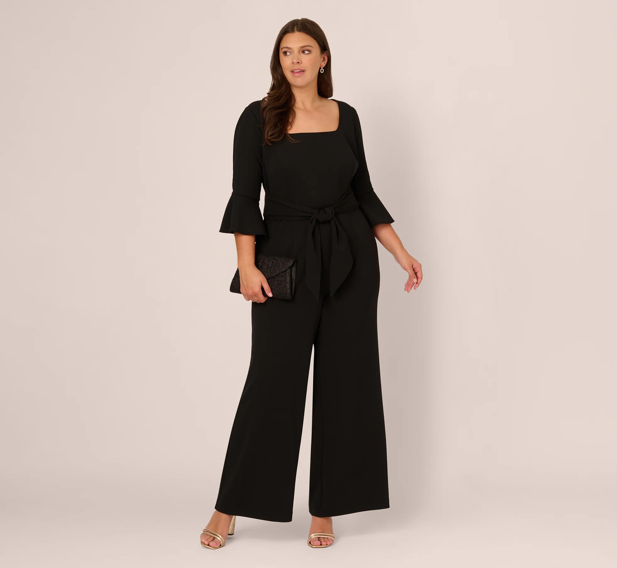 Plus Size Knit Crepe Wide Leg Jumpsuit With Bell Sleeves In Black | Adrianna Papell