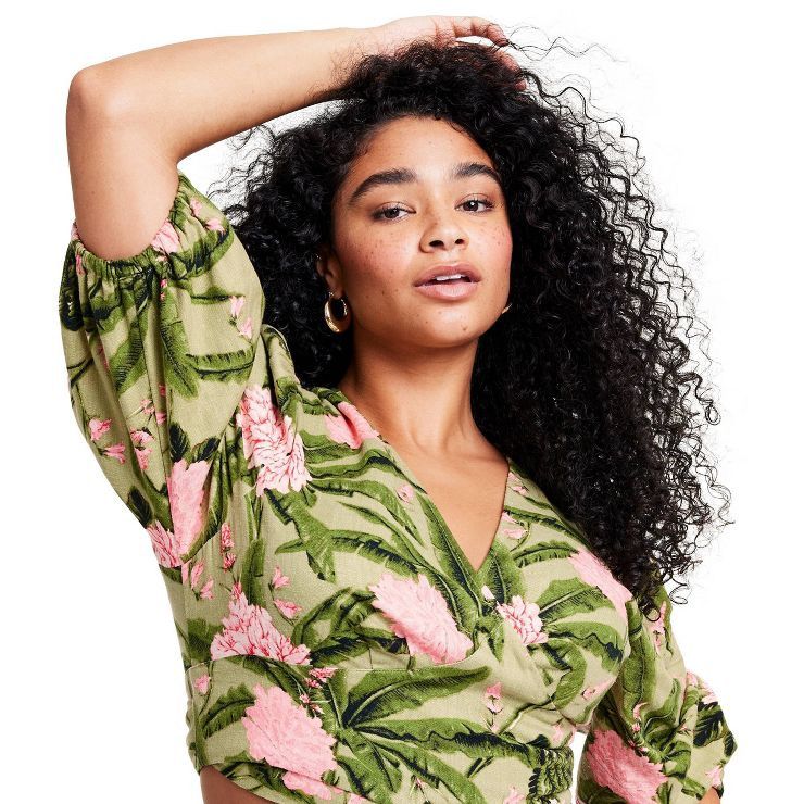 Women's Large Peony Print Tie Wrap Top - Agua Bendita x Target Dark Olive/Blush | Target