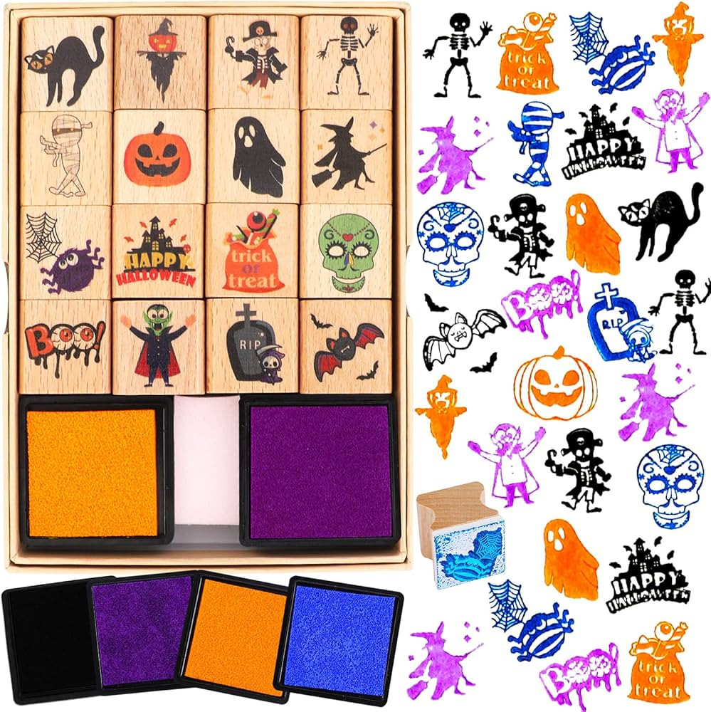 HOWAF 20 Pack Halloween Wooden Stamps Set, Halloween Crafting Stamps for Adults Kids Favors | Amazon (US)