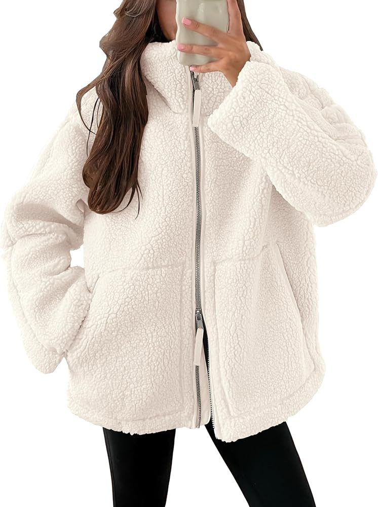 ANRABESS Women Fuzzy Fleece Jacket Casual Long Sleeve Oversized Sherpa Warm Coats Double Zip Wint... | Amazon (US)
