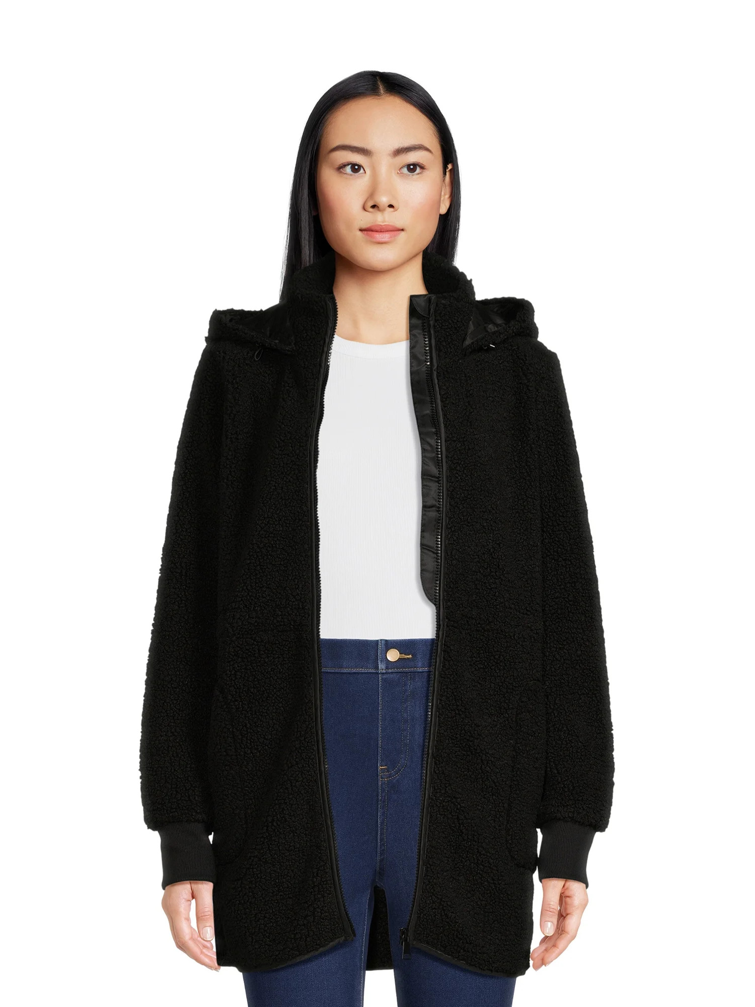 Time and Tru Women’s Faux Sherpa Jacket with Hood, Sizes S-2X - Walmart.com | Walmart (US)