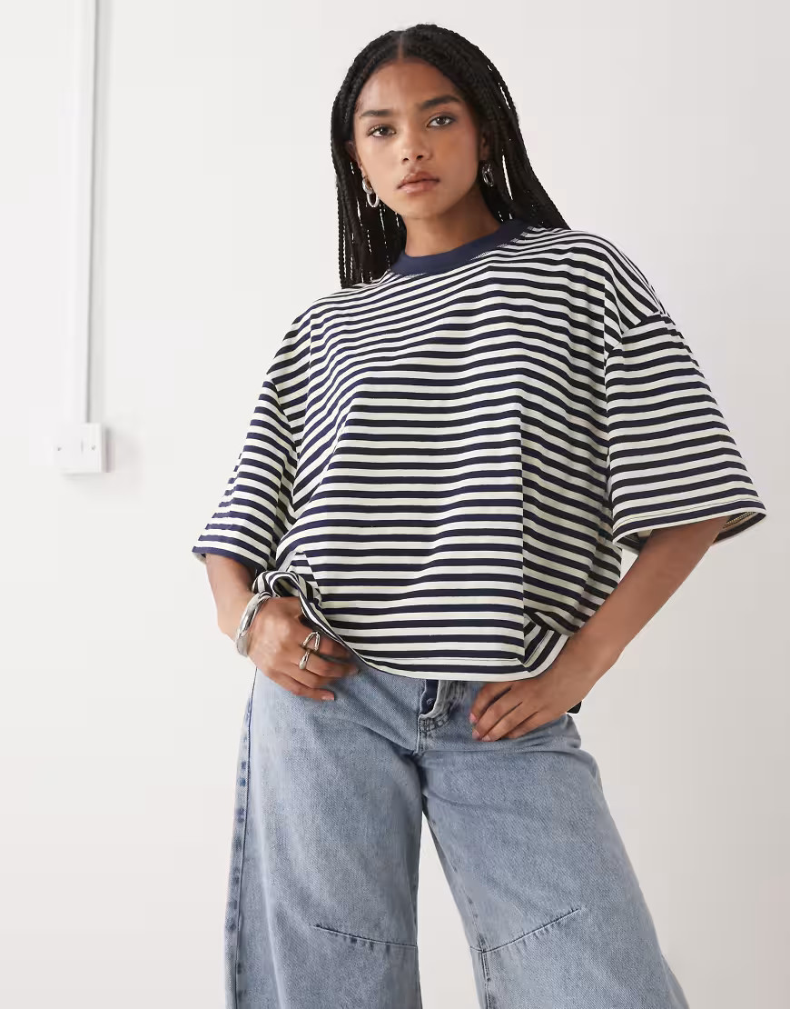 Lioness Bloom cotton blend short sleeve crew neck boxy t-shirt in navy white stripe-Multi | ASOS (Global)