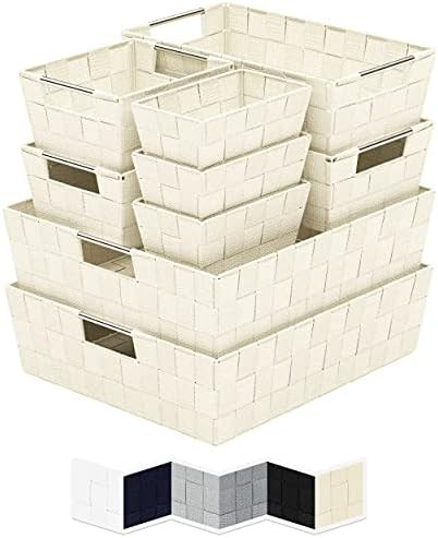 Woven Storage Baskets For Organizing - Set Of 9 Fabric Empty Organizer Bins With Handles - Great Bin | Amazon (US)