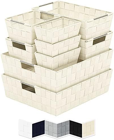 Woven Storage Baskets For Organizing - Set Of 9 Fabric Empty Organizer Bins With Handles - Great Bin | Amazon (US)