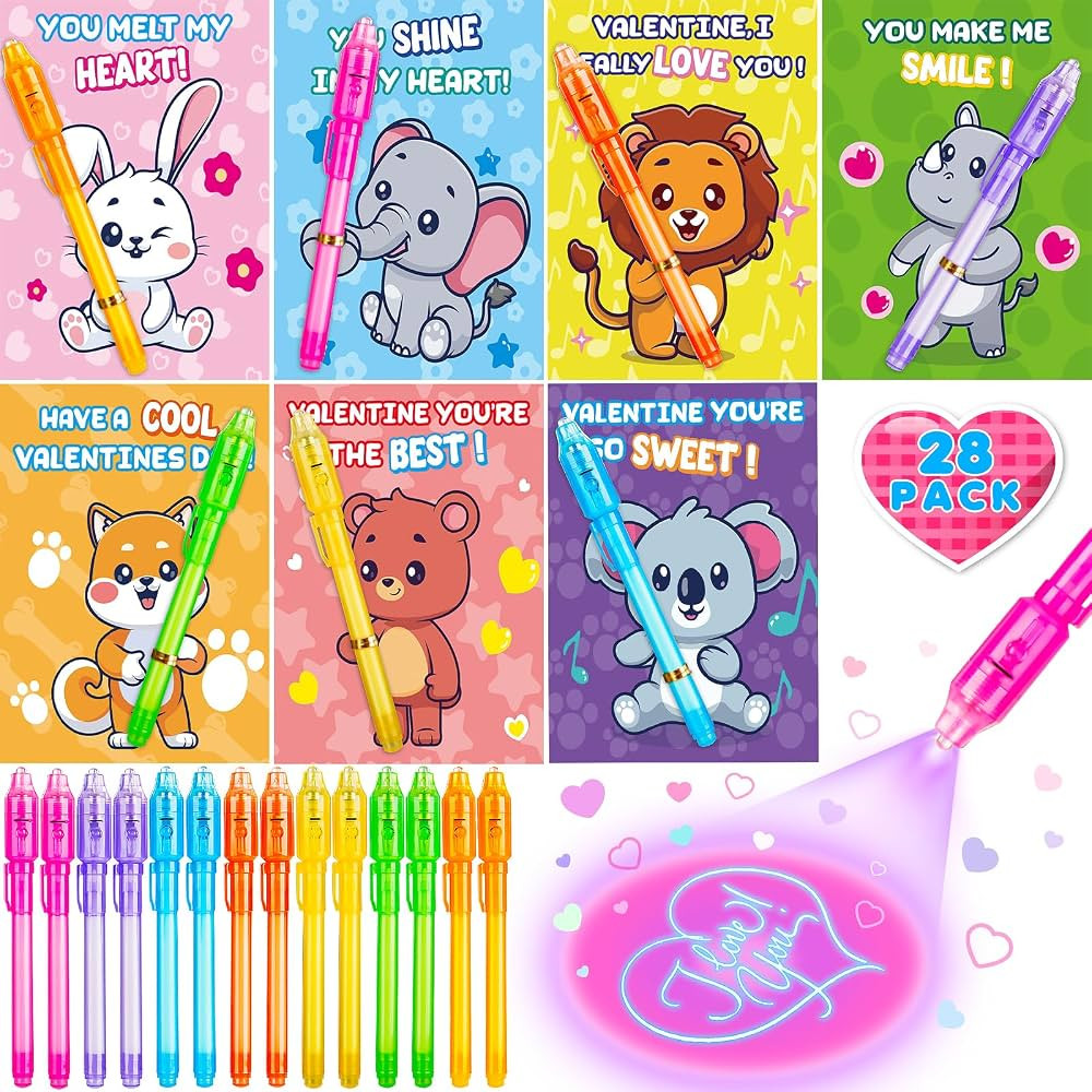 Valentine's Day Gifts Cards for Kids，28 Pack Invisible Ink Pen with Greeting cards for kids Cla... | Amazon (US)