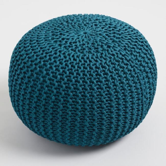 Round Dark Teal Knit Indoor Outdoor Pouf | World Market