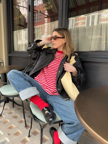 Leather bomber jacket, Pangaia red-striped top, Citizens of Humanity Ayla jeans, Free People black loafers, Anthropologie woven hangbag, Dmy by Dmy sunglasses 

#LTKSeasonal #LTKeurope #LTKstyletip
