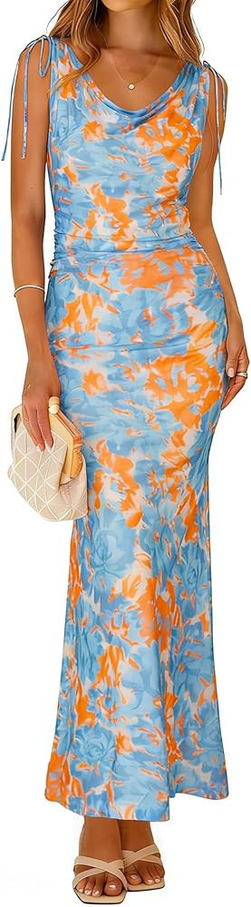 Simplee Womens Summer Wedding Guest Dress Floral Mesh Bodycon Maxi Dress Sexy Sleeveless Ruched P... | Amazon (US)