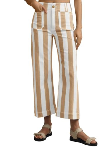 Tankaneo Womens Cropped Striped Jeans High Waisted Wide Leg Denim Pants | Amazon (US)