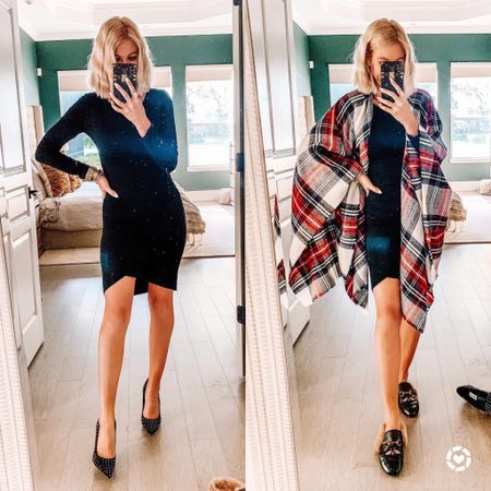 Style this fav amazon dress several ways for the holidays! Dress up or down. Perfect Thanksgiving outfit. Comes in tons of colors. Plaid pashmina shawl vest scarf Gucci dupe mules Christmas outfit amazon holiday outfit ideas 

#LTKHoliday #LTKSeasonal #LTKunder50
